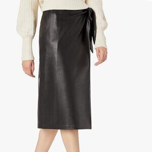 The Drop Faux leather wrap Midi Skirt with Tie Accent - Black size Small